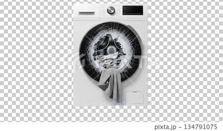 A washing machine shows visible damage with a shattered door. Clothes hang out of the broken opening. The machine is isolated on a clear background. 134791075