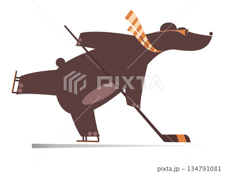 Cute bear an ice hockey player. Cartoon bear plays ice hockey. Isolated on white background	 134791081