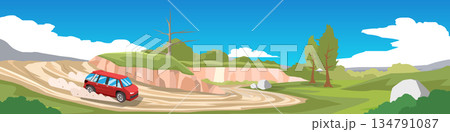 Red SUV driving on dirt road with dust trail near cliff. Adventure off-road travel. Dirt road that curves down from the hill. Under blue sky and white clouds. Concept vector illustration for banner. Red SUV driving on dirt road with dust trail near cliff. Adventure off-road travel. Dirt road that curves down from the hill. Under blue sky and white clouds. Concept vector illustration for banner. 134791087