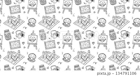 Romantic journey and love story seamless pattern with camera and easel, vintage seaside picnic and wishing well hand drawn doodle vector wallpaper 134791106