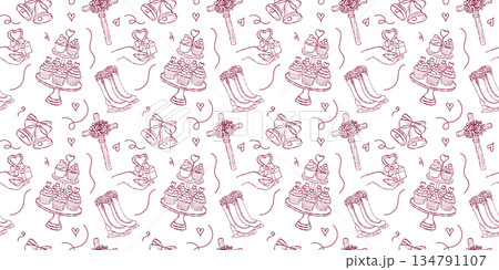 Wedding cupcakes and celebration treats seamless pattern hand drawn doodle vector, romantic wedding bells and gift box sketch illustration wallpaper 134791107