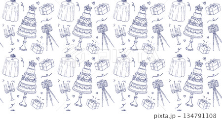 Wedding reception and celebration seamless pattern with tiered cake and camera, romantic banquet table and candelabra hand drawn doodle vector wallpaper 134791108