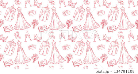 Elegant wedding ceremony seamless pattern with bridal gown and groom suit, romantic floral bouquet and champagne hand drawn doodle vector wallpaper 134791109