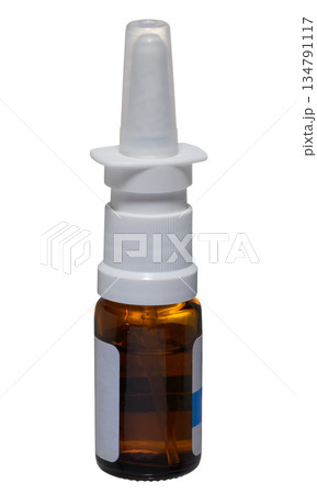 Glass bottle with nasal spray and dispenser on isolated background 134791117