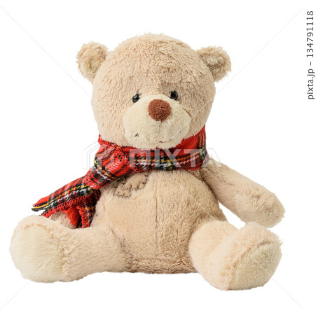 A soft beige toy bear with a red checkered scarf with fringe tied around its neck 134791118