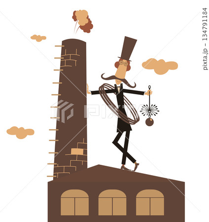 Chimney sweeper, stove pipe, building. Cartoon chimney sweeper in the top hat standing near the stove pipe on the roof with the rope and chimney brush. Isolated on white background 134791184