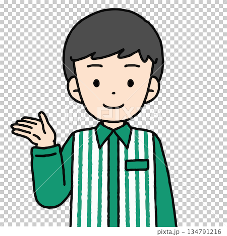コンビニ店員の男性が案内をしている 134791216