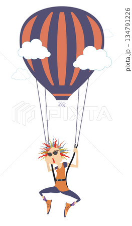 Cartoon skydiver young woman. Skydiver woman derives enjoyment from jumping. Isolated on white background	 134791226