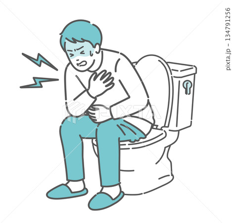 トイレでヒートショックを起こし胸を押さえる男性のイラスト トイレでヒートショックを起こし胸を押さえる男性のイラスト 134791256