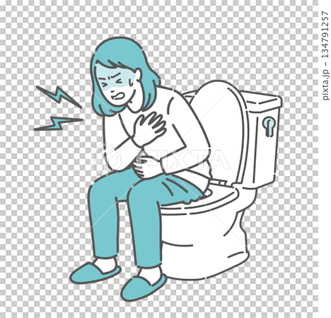 插圖描繪了一名女子在廁所裡因中暑而摀著胸口的情景。 134791257