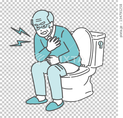 Illustration of an elderly man (grandfather) suffering from heat shock in the toilet and holding his chest 134791258