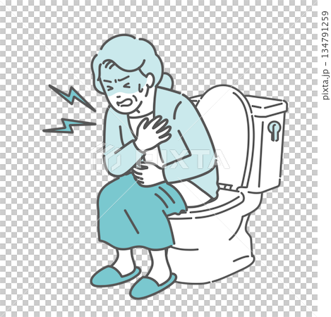 Illustration of an elderly woman (grandmother) suffering from heat shock in the toilet and holding her chest 134791259