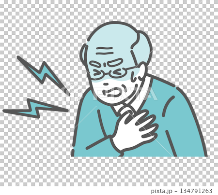 插圖描繪了一位老年男子突發心臟病、胸痛、突發疾病的情景。 134791263