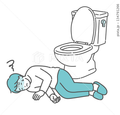 トイレで意識を失い倒れている男性のイラスト（ヒートショック・失神） 134791266