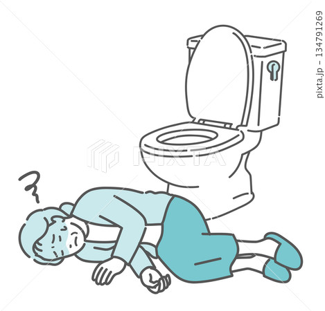 トイレで意識を失い倒れている高齢女性のイラスト（ヒートショック・失神） 134791269
