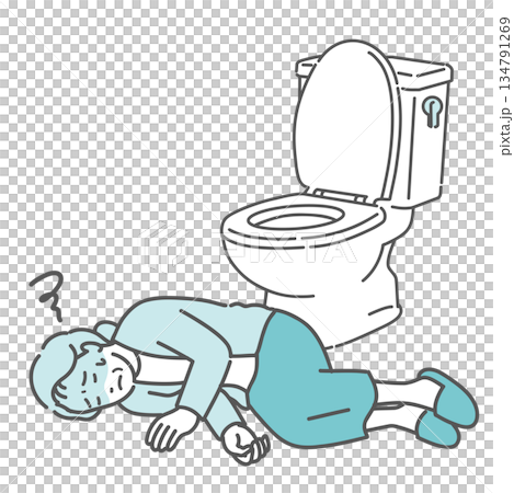 トイレで意識を失い倒れている高齢女性のイラスト（ヒートショック・失神） 134791269