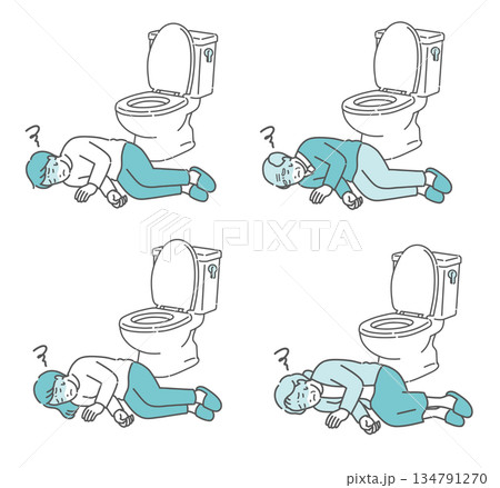 トイレで倒れている人々のイラストセット（ヒートショック・失神・意識不明） 134791270
