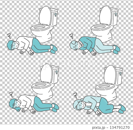 トイレで倒れている人々のイラストセット（ヒートショック・失神・意識不明） 134791270
