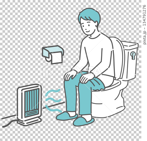Preventing heat shock in the toilet: A man warms himself with a foot heater Preventing heat shock in the toilet: A man warms himself with a foot heater 134791276