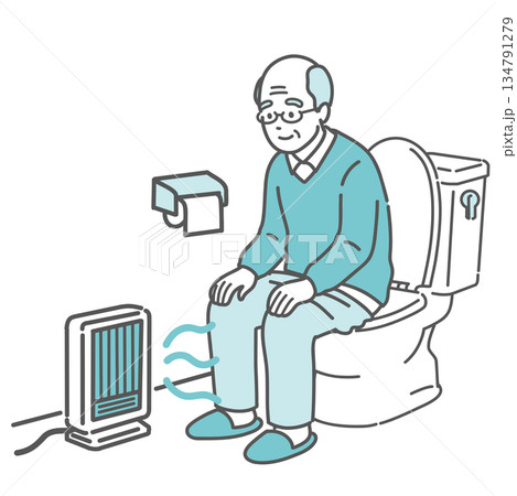 トイレのヒートショック対策・足元ヒーターで暖まる高齢男性 トイレのヒートショック対策・足元ヒーターで暖まる高齢男性 134791279