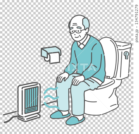 防止上廁所時中暑的措施:一位老人用腳部暖氣取暖 防止上廁所時中暑的措施:一位老人用腳部暖氣取暖 134791279