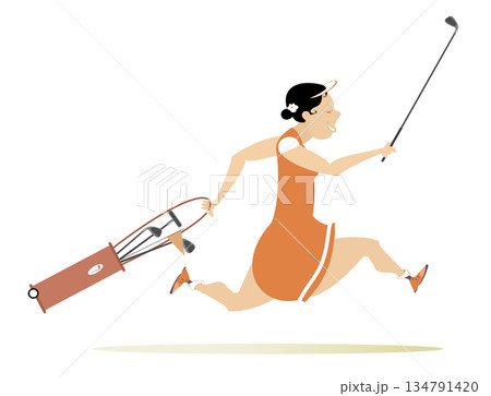 Young woman running to play golf. Cartoon running woman holding a golf bag on the way to the golf course Young woman running to play golf. Cartoon running woman holding a golf bag on the way to the golf course 134791420