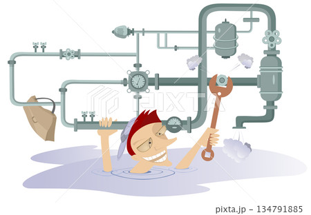 Comic mechanic repairs pipe construction. Breakdown. Comic mechanic with a wrench repairs pipe construction to stop water, gas oil flow 134791885