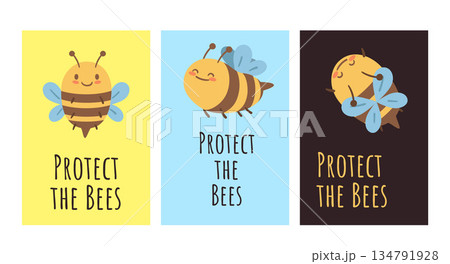 Protect the Bees poster set with cute bee characters. Bright and simple illustrations for eco campaigns, stickers, prints and educational materials. 134791928
