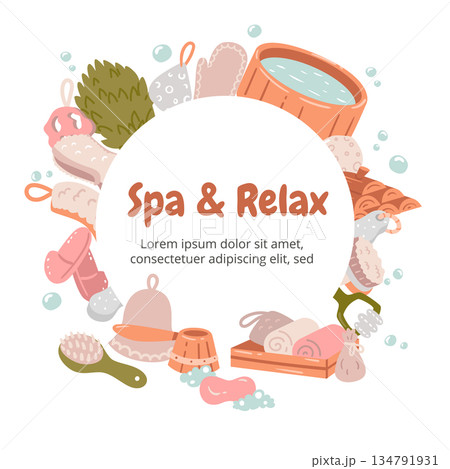 Circular frame design featuring a rich variety of bath and sauna items. A professional layout for spa labels and organic beauty brand packaging. Circular frame design featuring a rich variety of bath and sauna items. A professional layout for spa labels and organic beauty brand packaging. 134791931