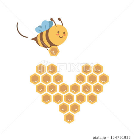 Happy bee flying above honeycombs. Sweet and friendly illustration for honey branding, educational materials, kids designs and eco inspired visuals. 134791933