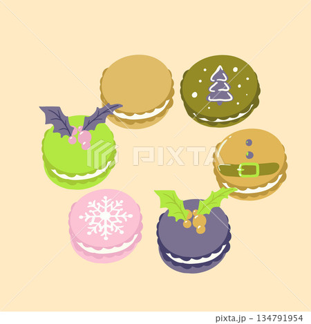Christmas-themed macarons decorated with winter elements on a soft pastel background. Sweet holiday dessert illustration for seasonal design projects. Christmas-themed macarons decorated with winter elements on a soft pastel background. Sweet holiday dessert illustration for seasonal design projects. 134791954