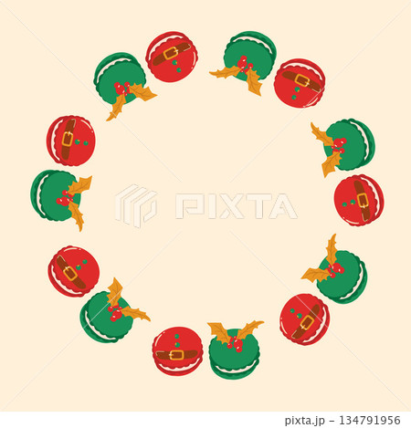Christmas frame made of decorative holiday macarons in traditional festive colors. Cute winter dessert illustration for cards, invitations, and seasonal decor. 134791956