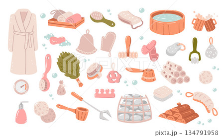 Cozy bathhouse and spa accessories vector set featuring robes, towels, brushes, slippers, sauna buckets, birch brooms, massage tools, soap, sponges, stones, and other relaxation essentials. A soft Cozy bathhouse and spa accessories vector set featuring robes, towels, brushes, slippers, sauna buckets, birch brooms, massage tools, soap, sponges, stones, and other relaxation essentials. A soft 134791958