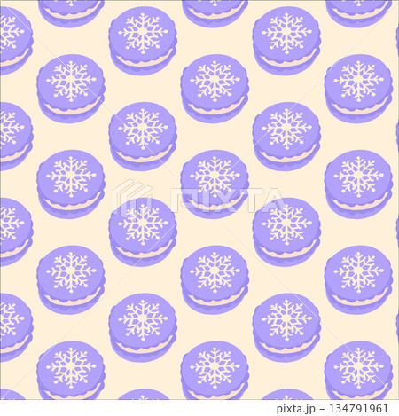Seamless pattern with Christmas-themed macarons in pastel colors. Cute winter dessert background for wrapping paper, packaging, and festive textile prints. 134791961
