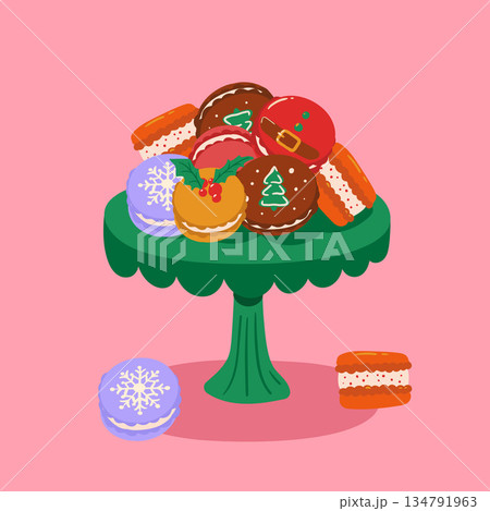 Christmas dessert stand with assorted holiday macarons. Cute winter sweets illustration perfect for bakery branding, festive cards, and seasonal advertising. Christmas dessert stand with assorted holiday macarons. Cute winter sweets illustration perfect for bakery branding, festive cards, and seasonal advertising. 134791963