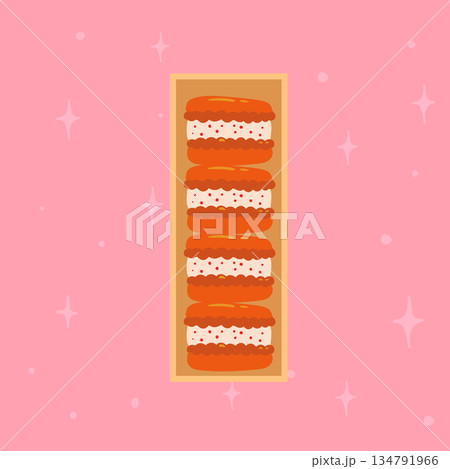 Vertical row of festive Christmas macarons on a pink background. Winter dessert illustration ideal for greeting cards, posters, and seasonal banners. 134791966