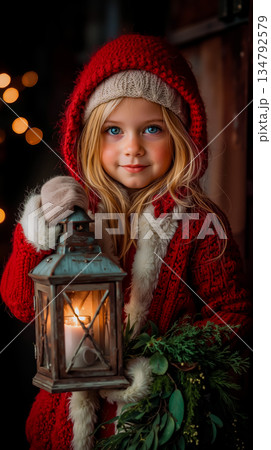 A little girl in a red sweater holding a lantern 134792579