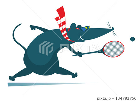 Funny rat or mouse plays tennis illustration. Cartoon rat or mouse plays tennis isolated on white Funny rat or mouse plays tennis illustration. Cartoon rat or mouse plays tennis isolated on white 134792750