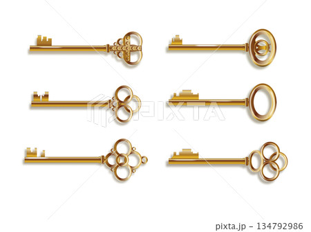 Key 3d realistic golden old vintage. Old luxury escape room keys. Vector Key 3d realistic golden old vintage. Old luxury escape room keys. Vector 134792986