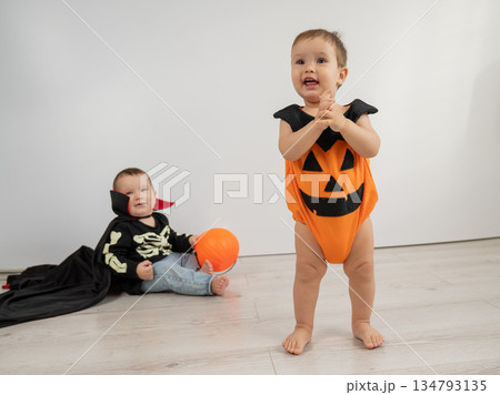 Cute kids celebrate halloween on white background. Two little boys in dracula costume and pumpkin.  134793135