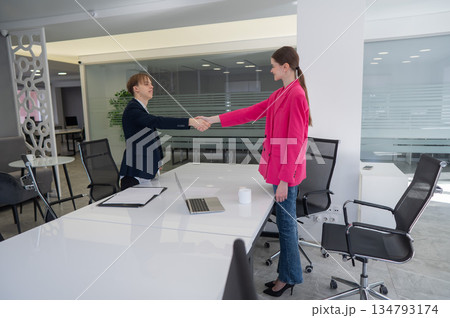 Caucasian man and woman greeting and shaking hands in office.  134793174