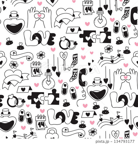 Valentine Seamless Pattern. Black Romantic Doodle Hearts, Love Symbols and Notes, Wedding Rings on White Background. Repeating holiday Template. Vector Illustration. Not AI 134793177
