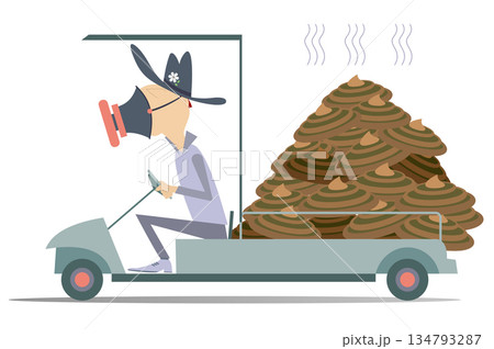 Farmer, truck and organic manure illustration. Funny man in the gas mask drives a truck with a big knot of dung isolated on white	 134793287