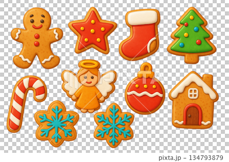 Png set of festive christmas gingerbread cookies with tree, stocking, angel, and candy cane on transparent background. concept of holiday baking, seasonal treats, festive decorations 134793879