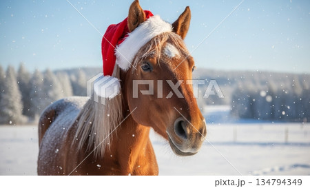 Brown horse wearing a red Santa hat standing in a snowy field with falling snow. Winter Christmas holiday animal concept for greeting card. 134794349