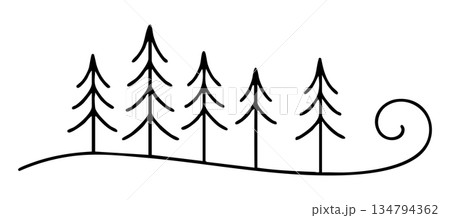 Black doodle of pine trees in curved line pattern, isolated on white background. concept of nature, forest, evergreen trees, minimalist design, decor, icon, logo, design element 134794362