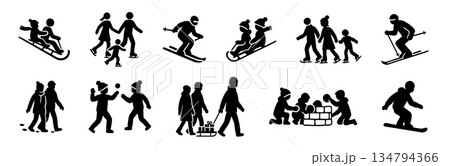 SET - Black silhouettes of winter activities featuring skiing and sledding families, isolated on white background. concept of outdoor fun, cold weather, seasonal sports, holiday spirit SET - Black silhouettes of winter activities featuring skiing and sledding families, isolated on white background. concept of outdoor fun, cold weather, seasonal sports, holiday spirit 134794366