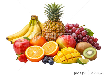 Png collection of assorted fruits including pineapple, oranges, apples, and bananas isolated on transparent background. concept of healthy eating, tropical fruits, fresh produce 134794375