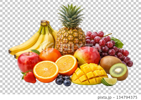 Png collection of assorted fruits including pineapple, oranges, apples, and bananas isolated on transparent background. concept of healthy eating, tropical fruits, fresh produce 134794375