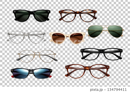 Png collection of stylish eyeglasses and sunglasses on simple background. concept of eyewear, fashion accessories, vision correction, sun protection glasses set. 134794411